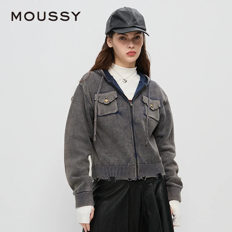 moussy 新品废土风做旧磨损针织连帽外套女028HAZ70-1711