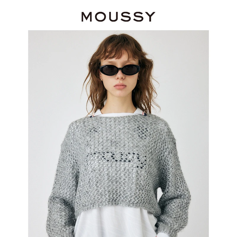 MOUSSY 早秋新品日系风甜美彩色混线网眼针织衫宽松长袖上衣