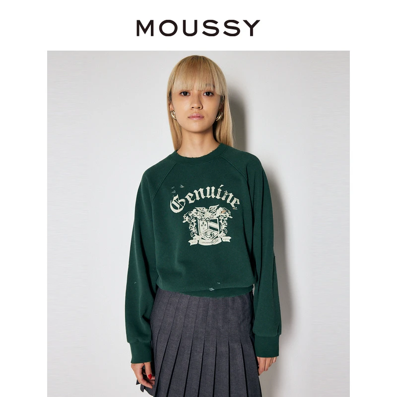MOUSSY秋冬休闲风简约字母印花圆领日系通勤卫衣刺绣宽松上衣女