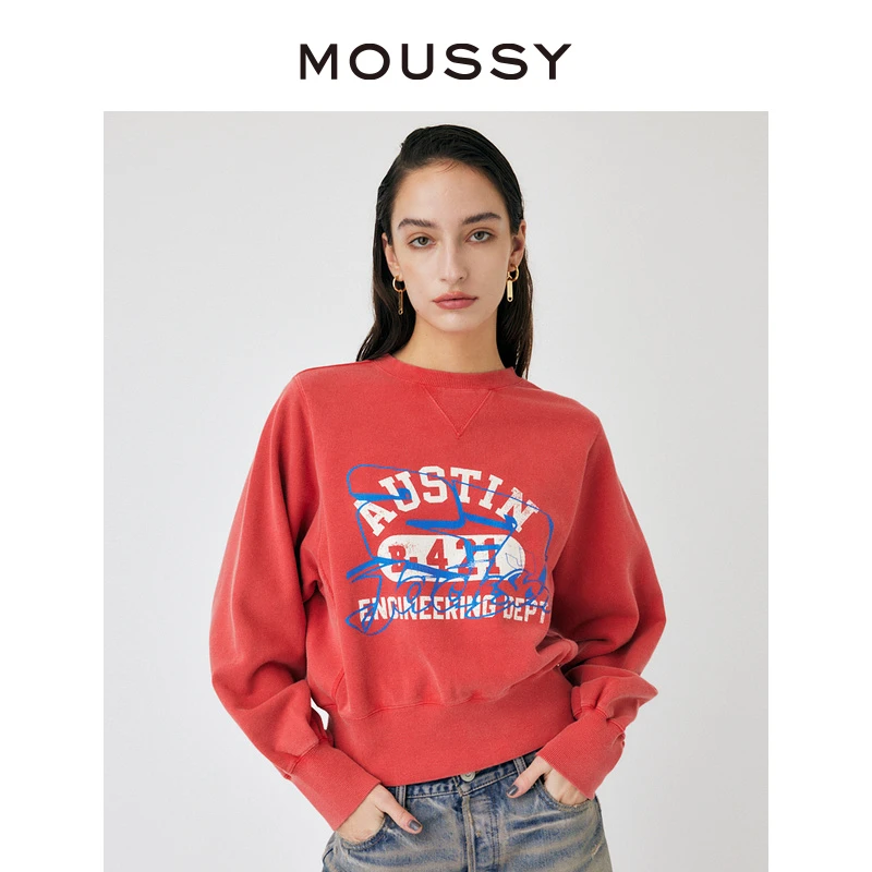 MOUSSY 新品美式复古创意字母短款套头卫衣010HSQ90-0330