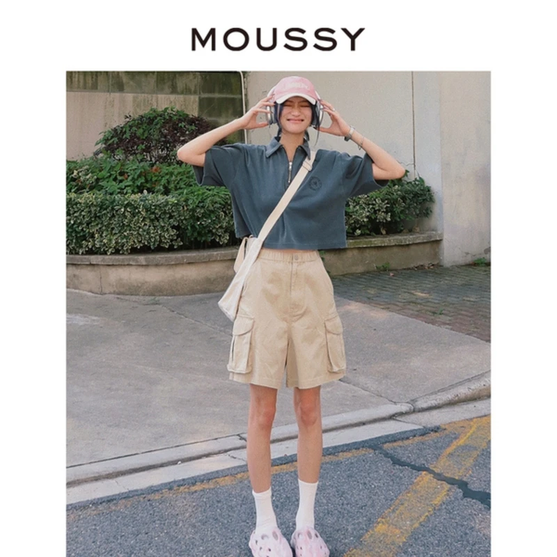 MOUSSY 新款通勤日系高腰大口袋设计松紧腰工装短款休闲裤女