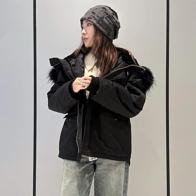 moussy2023冬季新品可拆卸两穿连帽毛领廓形棉服女028GAG30-5490