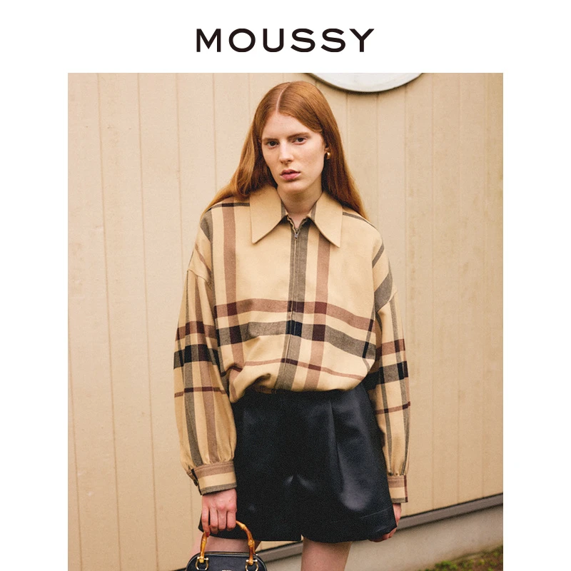 MOUSSY 秋冬新品时尚格纹职场休闲下摆松紧长袖衬衫短款上衣女