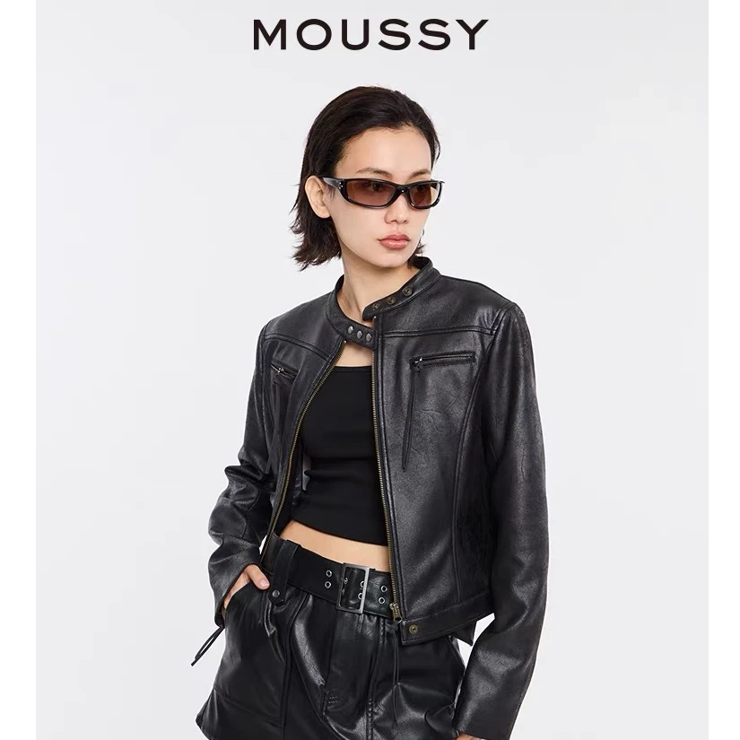 MOUSSY 新品秋季叛逆摇滚做旧皮衣夹克短外套028HSZ30-0581