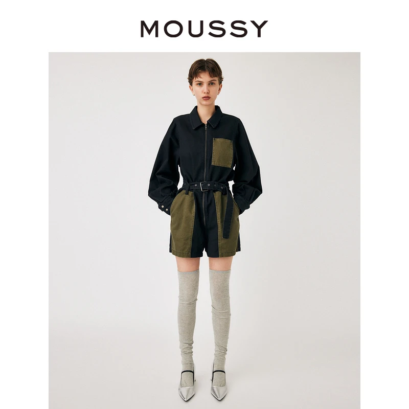 MOUSSY 早秋新款通勤酷感工装风拉链设计拼色长袖连体短裤女