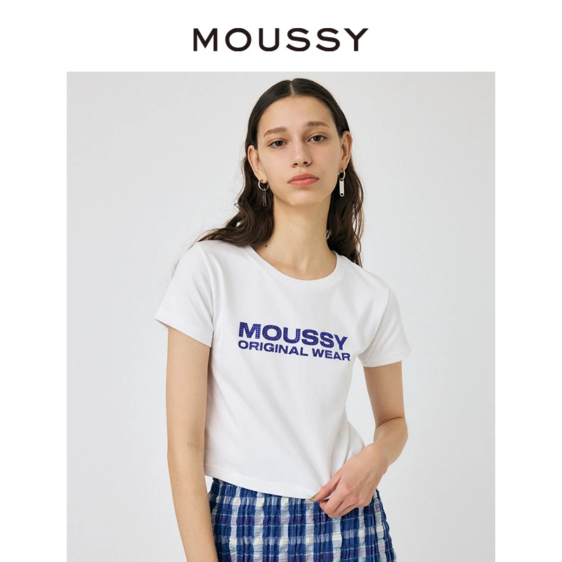 MOUSSY 2024夏季新品休闲风碎钻LOGO短款短袖T恤女010HSL90-0620