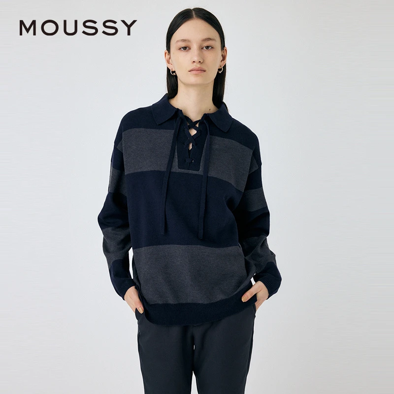 moussy 新品撞色条纹绑带针织衫慵懒感毛衣010HAA70-8551