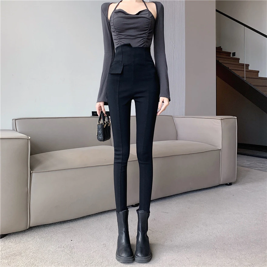 实拍实价！不规则高腰修身显瘦黑色打底裤铅笔裤靴裤