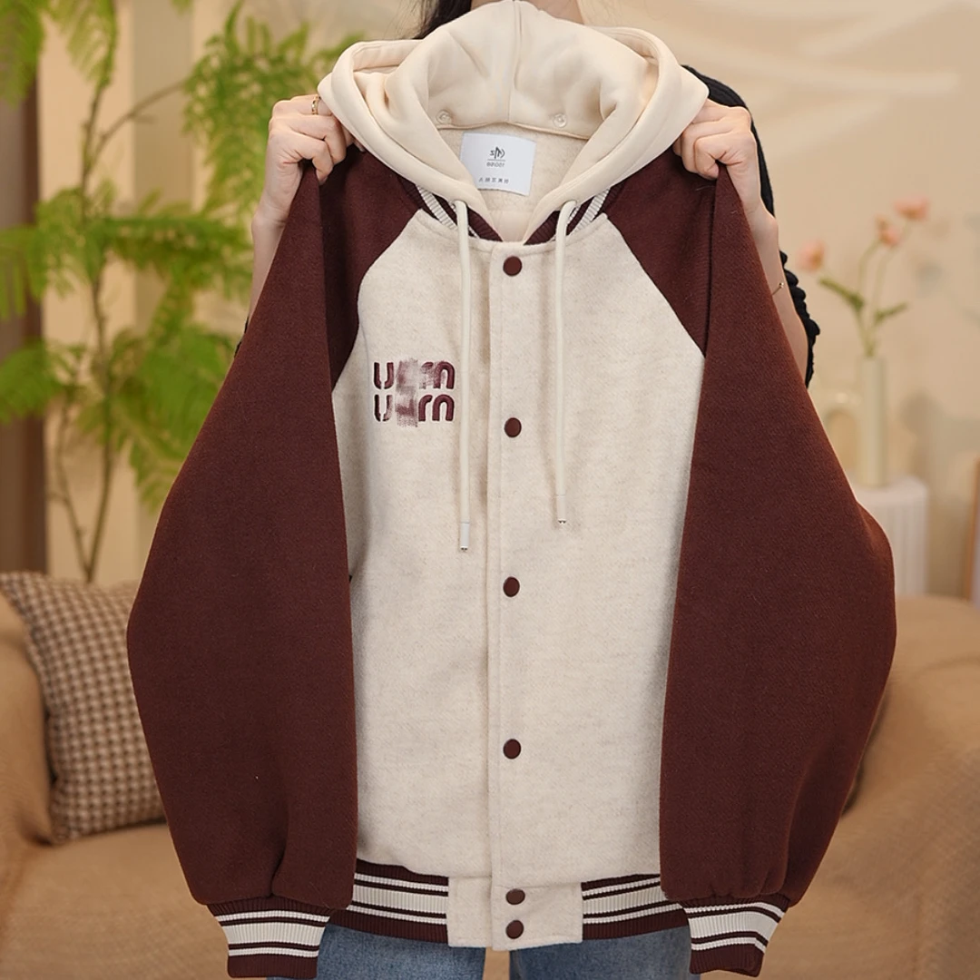 初高中生冬装外套加厚夹棉毛呢棒球服女大童连帽可拆棉袄棉服棉衣