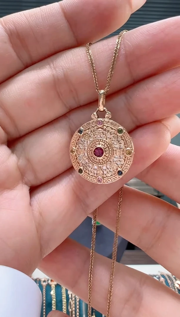 【闪购商品】碧玺吊坠(不含链)18K金镶嵌碧玺八宝罗盘吊坠K红