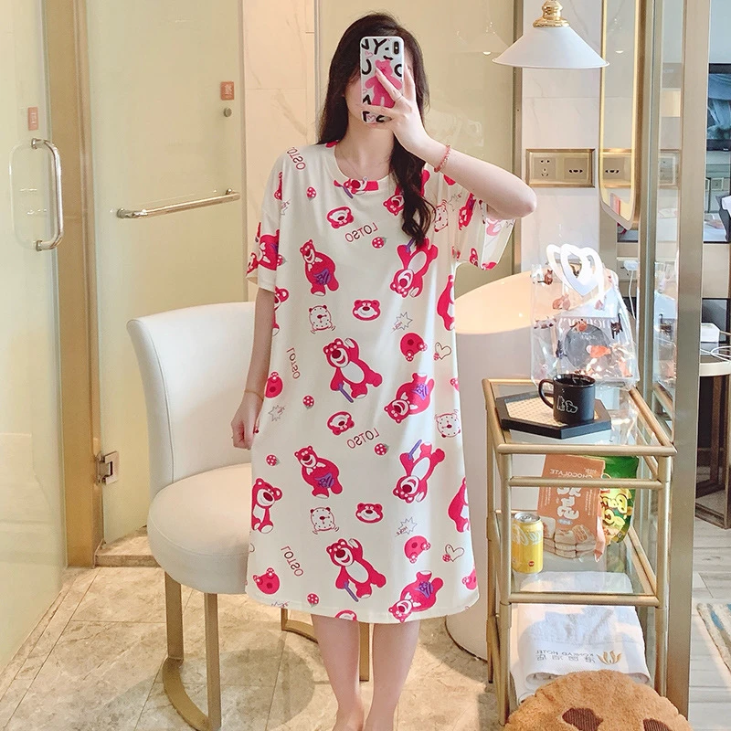 睡裙女夏季薄款短袖连衣裙韩版休闲卡通女士宽松透气可外穿睡裙女