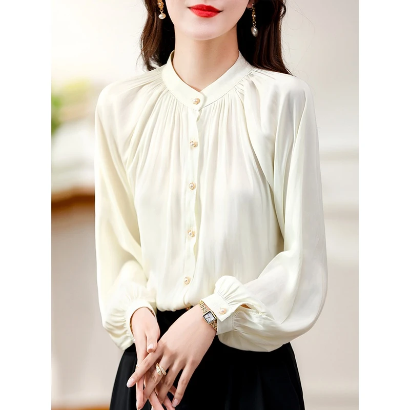 【可质检】春秋新款夏季高端仿真丝衬衫女法式小众褶皱立领灯笼长袖