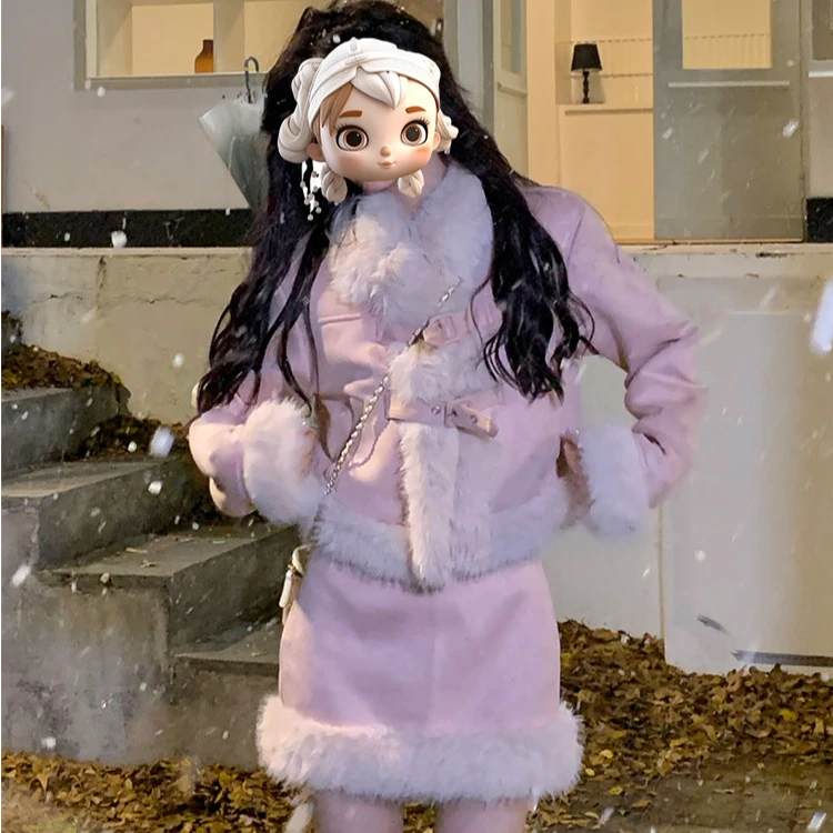 粉小香风网红同款秋冬季加厚裙子套装穿搭一整套女装女款气质服装