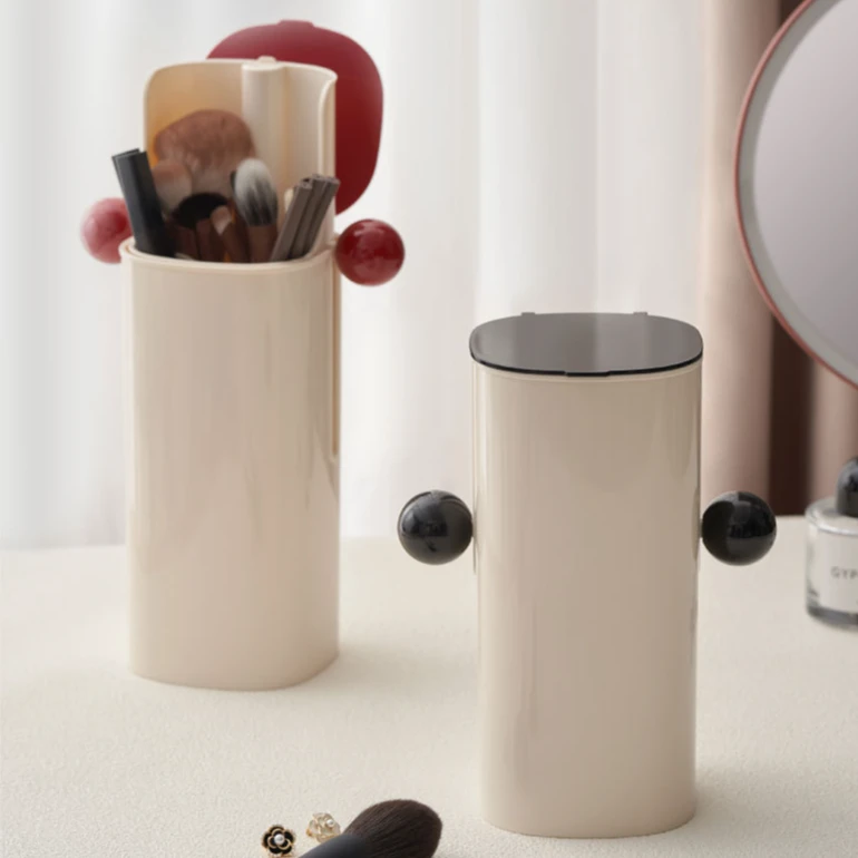 化妆品收纳盒自动升降防尘四分格化妆刷收纳筒桌面梳妆台收纳盒