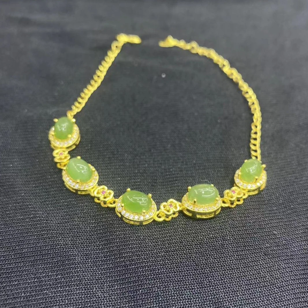 【杰哥专属】苹果绿碧玉天然和田玉五颗蛋面手链送证书礼盒K227