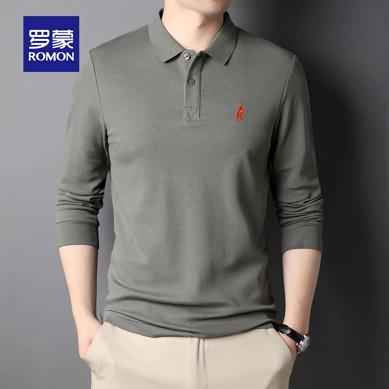 罗蒙纯棉长袖T恤男纯色修身秋季薄款弹力上衣新款商务百搭Polo衫