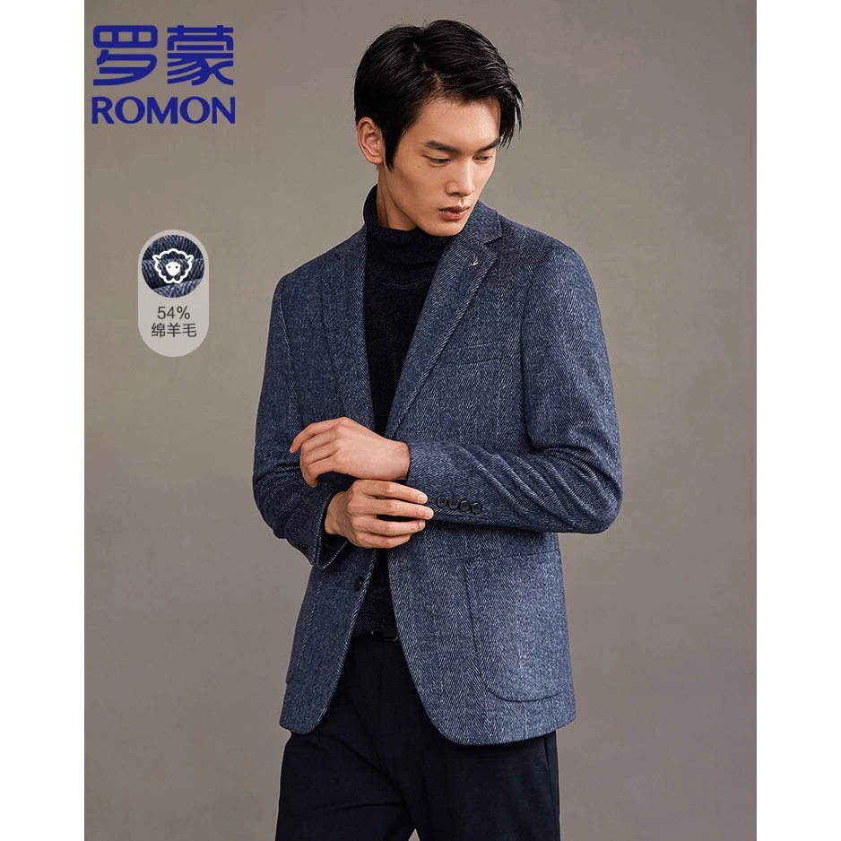 【升级54%羊毛】罗蒙西服男士总裁绵羊毛格纹弹力西装休闲修身外套