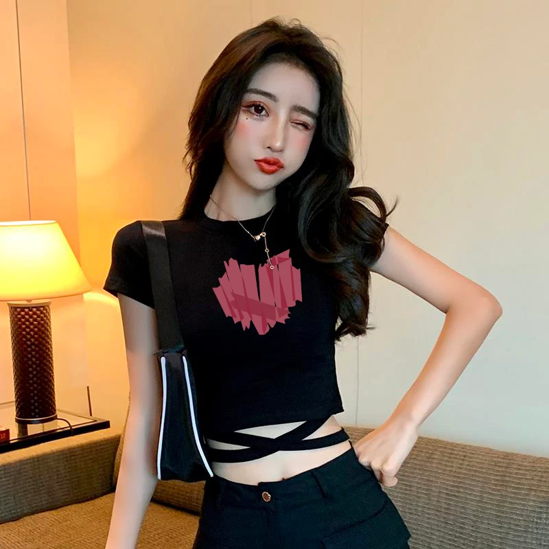 黑色短款印花短袖t恤女百搭修身显瘦2026年夏季新款绑带露脐上衣