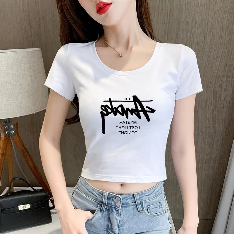 白色短款印花紧身ins短袖夏季女装显瘦高腰修身露脐上衣小个子t恤