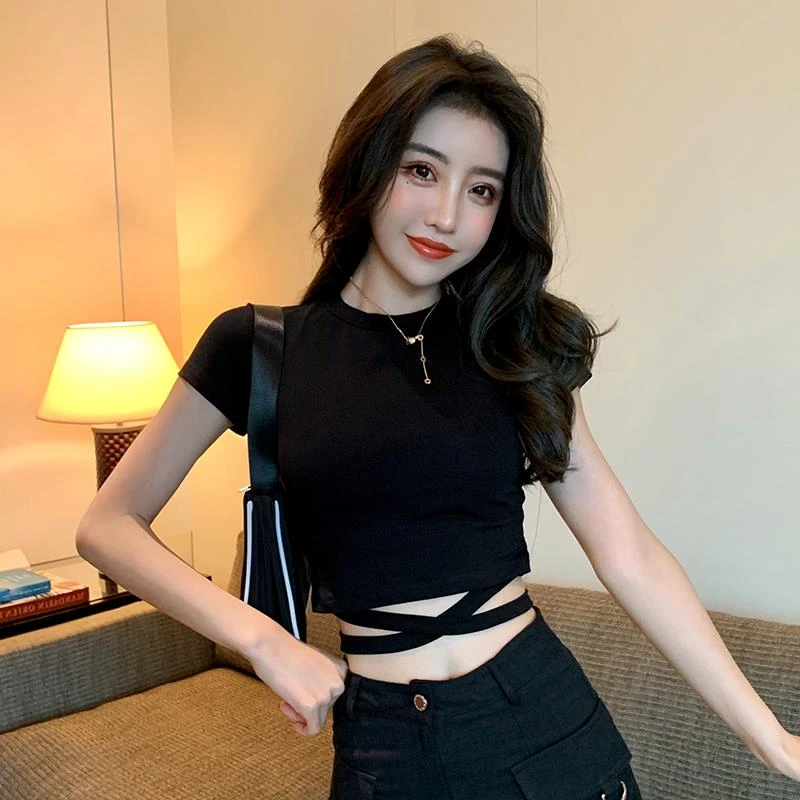 黑色短袖t恤女修身短款上衣夏短装泫雅风绑带高腰露脐紧身打底衫