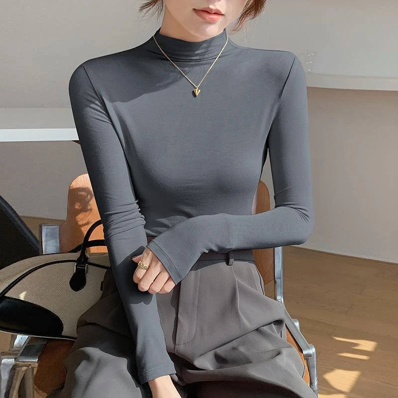 莫代尔铁灰色秋冬百搭修身显瘦女款气质服装精致上衣T恤打底衫女