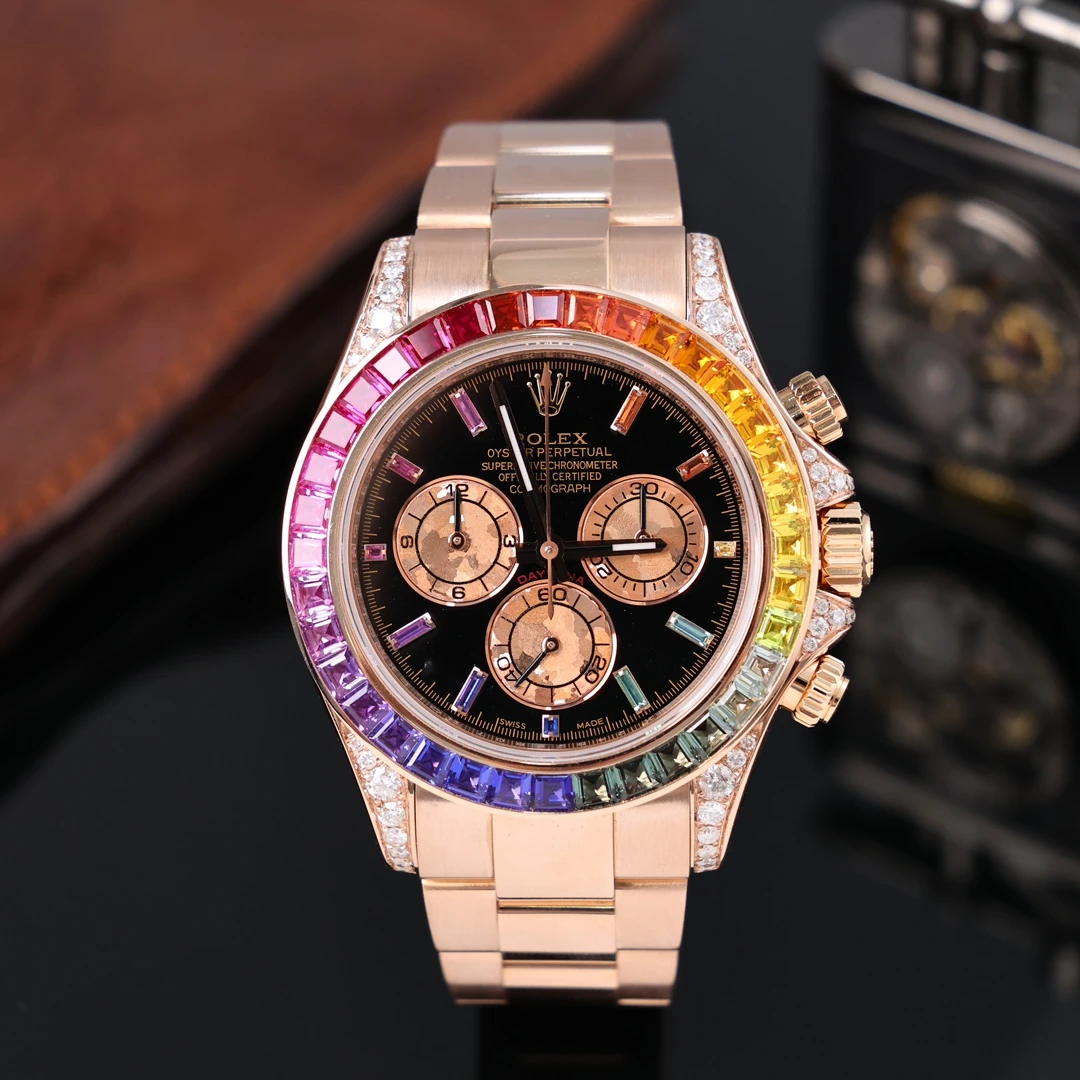 95新  劳力士迪通拿116505升级116595腕表 18K玫瑰金后镶彩虹圈