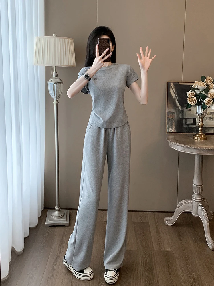 灰色运动套装女2024年新款夏装短款休闲时尚短袖收腰上衣直筒阔腿