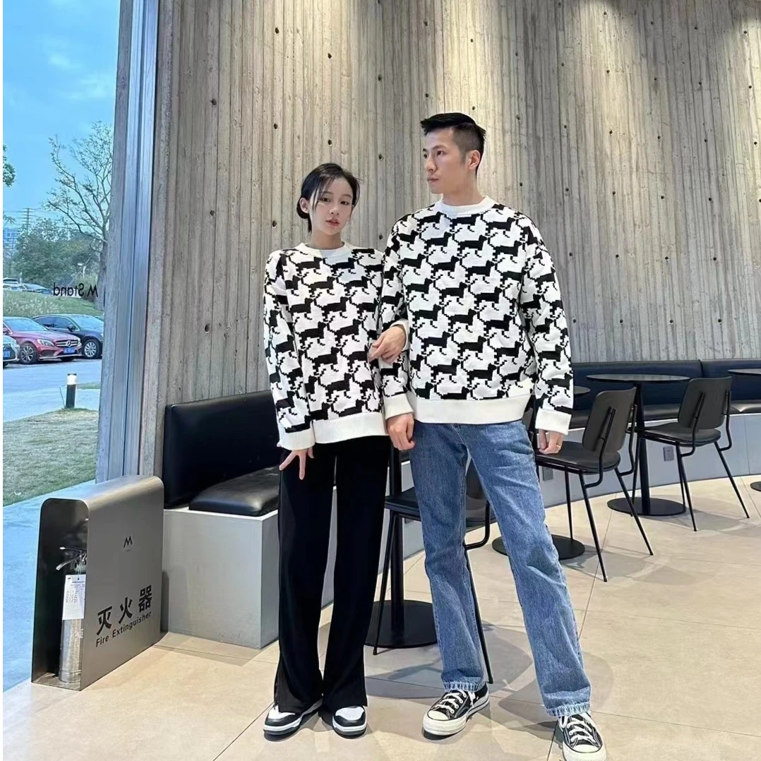 千里江山原创新款国潮重磅纯棉千猫格毛衣冬季宽松加厚男女同款