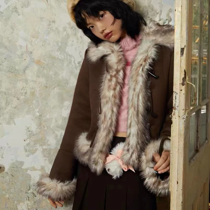 MOF礼物商店 小兔毛绒拼接麂皮外套喇叭袖双色