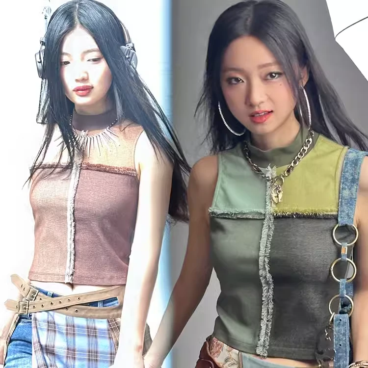 【自播】NP 田字格牛仔拼接网纱半高领无袖背心 蓝/绿/棕