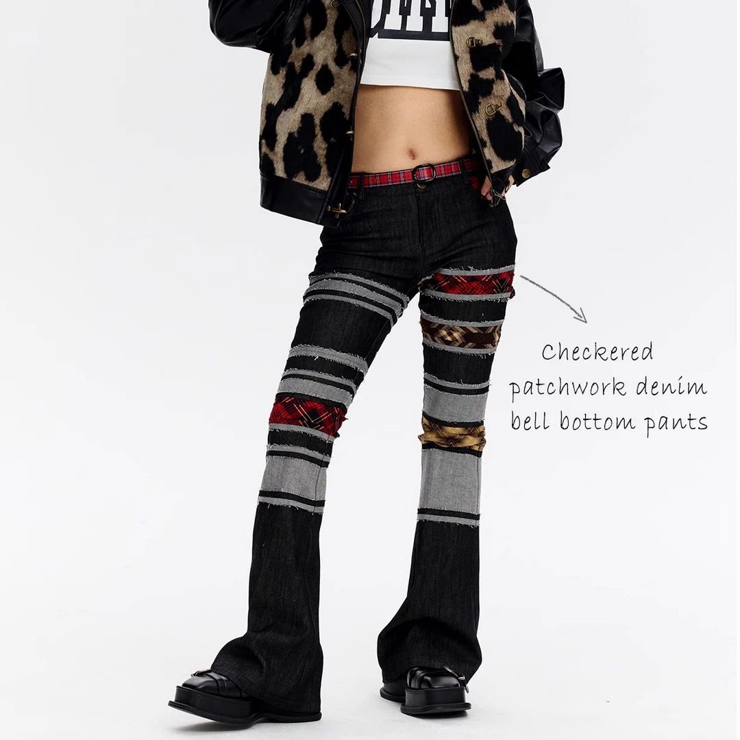 【自播】OK格子拼接弹力牛仔喇叭裤复古辣妹