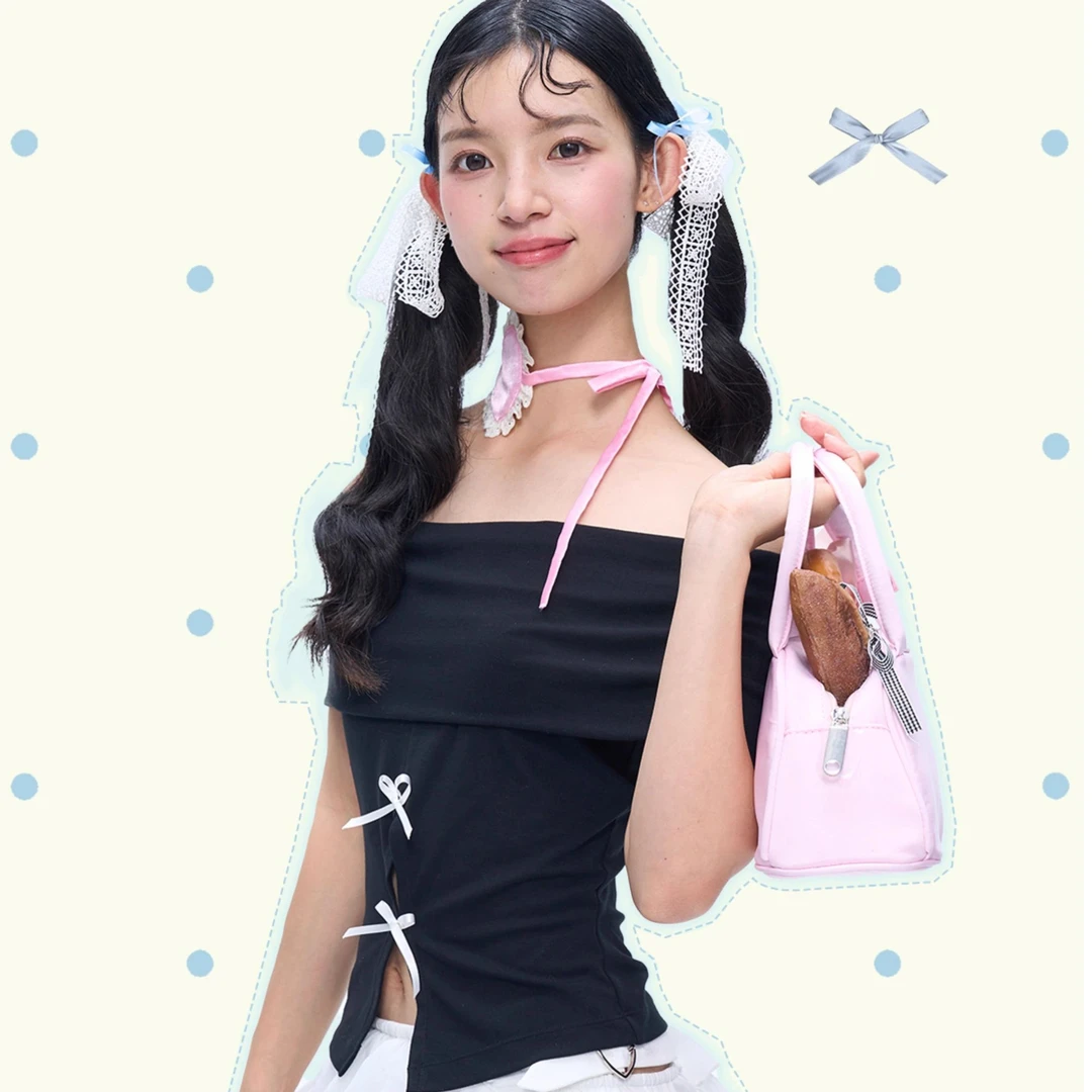 【自播】礼物一字领蝴蝶结开衩T恤露肩甜酷辣妹小众设计上衣