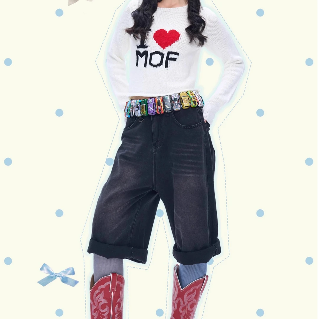 【自播】微瑕MOF礼物商店宽松牛仔中裤复古设计感七分阔腿