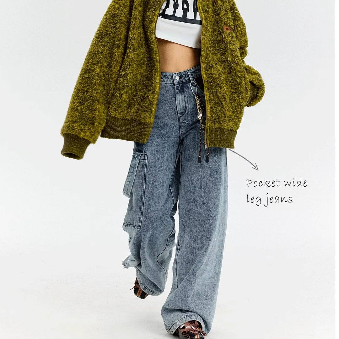 【自播】Oink oink 2024秋冬水洗渐变口袋阔腿牛仔裤直筒裤