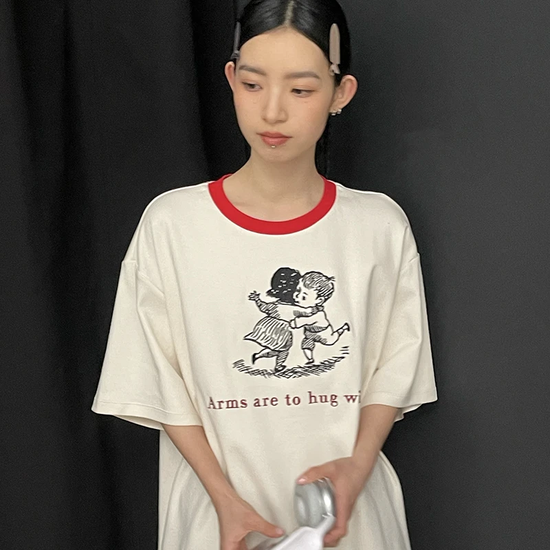 【自播】OK 红领圈小男孩小女孩刺绣白色宽松T恤男女春夏短袖