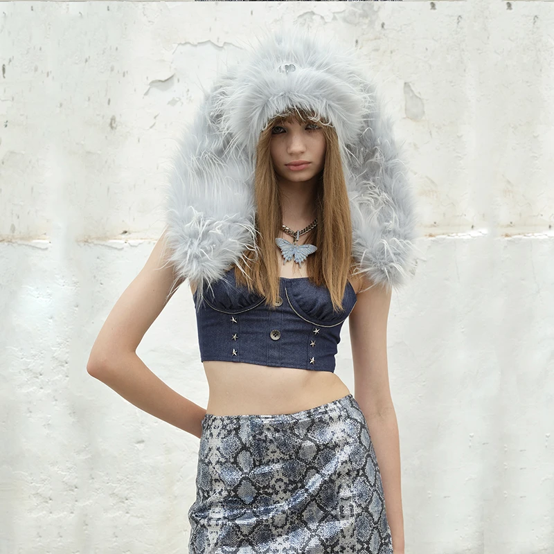 【自播】微瑕NP蓝色毛毛帽套头显脸小秋冬保暖长毛兔耳帽