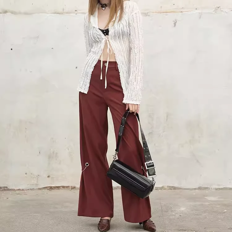 【自播】NP 新品暗红色穿环直筒裤金属链条气眼装饰垂坠阔腿裤