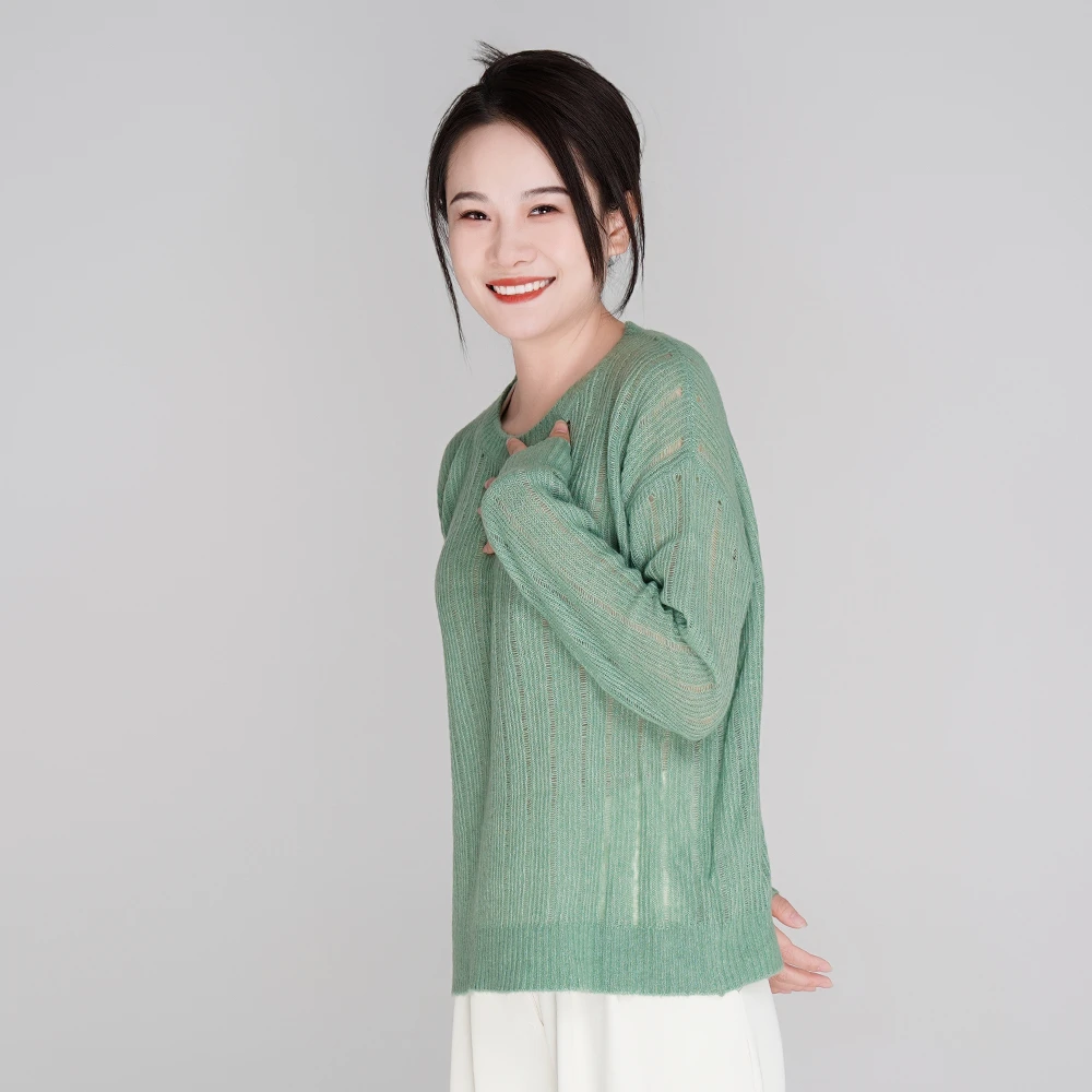 【昭乌达】羊绒针织长袖时尚镂空女士百搭休闲宽松圆领羊绒套头衫