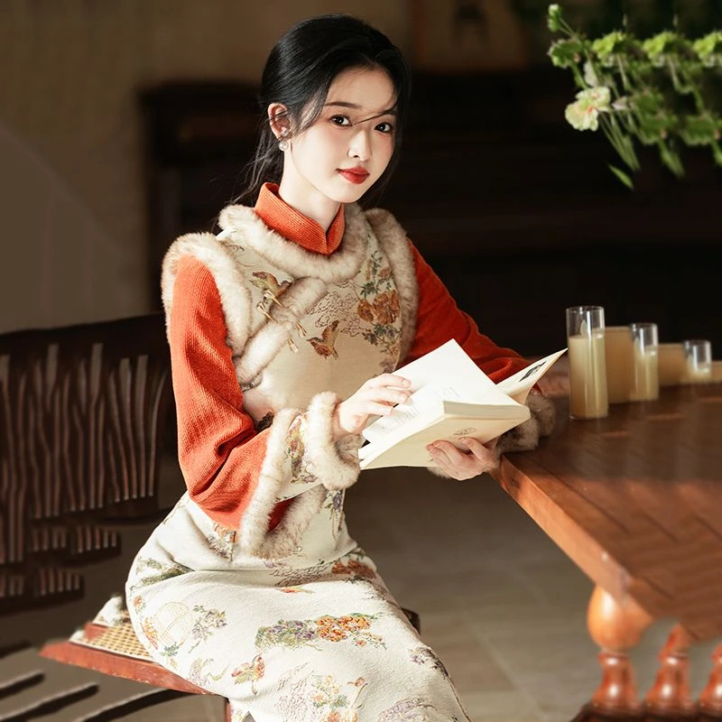 东篱落雪年轻倒大袖绝美旗袍2025冬季长袖新中式日常通勤女装