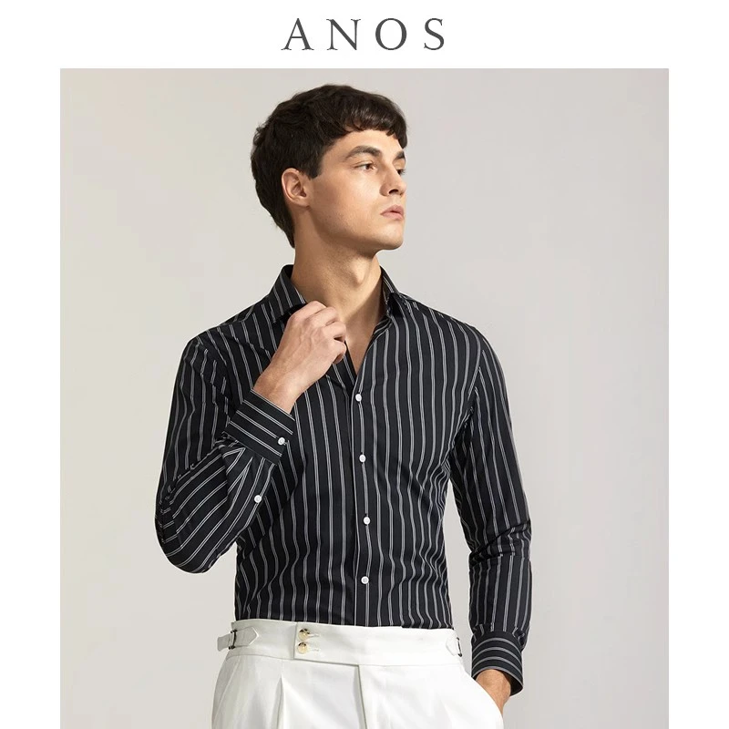 ANOS秋季黑白双条纹衬衫男长袖 商务修身温莎领微弹时尚休闲衬衣
