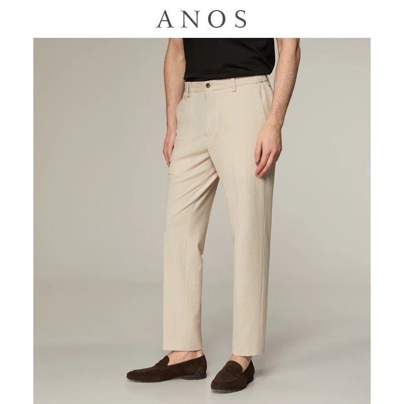 ANOS秋季休闲泡泡纱西裤男松紧弹力腰时尚百搭直筒商务微弹裤子