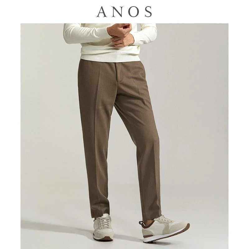 ANOS冬季时尚人字纹毛呢西裤棕色修身厚款保暖直筒坠感休闲老钱风
