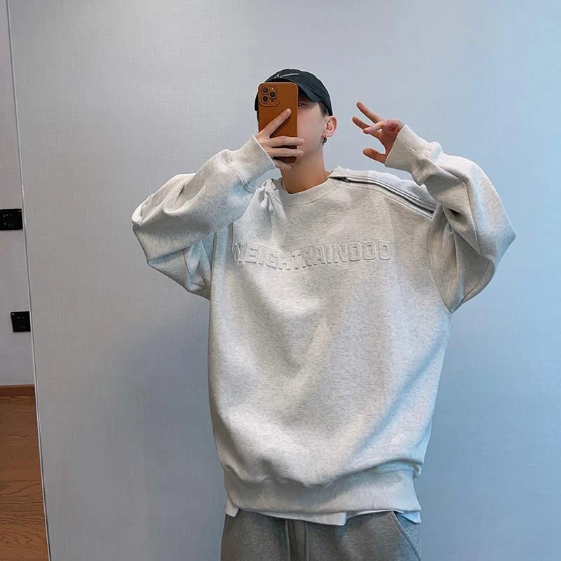 春秋季重磅凸起字母拉链卫衣男潮牌ins宽松长袖落肩圆领上衣外套