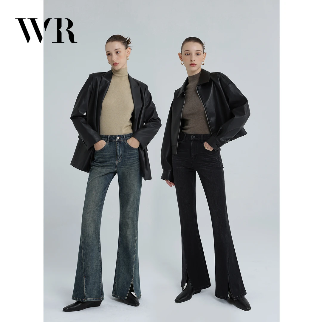 WR【大长腿BI备】裤脚前开衩精致时髦 高腰修身微喇叭牛仔裤AU336