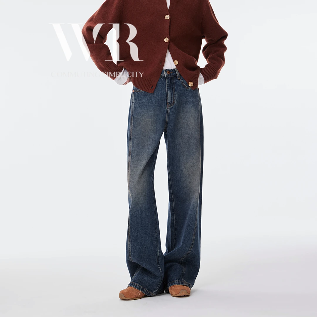 WR【时尚先锋】斜缝线设计 水洗磨白高腰阔腿牛仔裤女9008