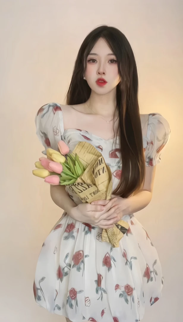 【Nini】法式油画玫瑰碎花短袖a字方领连衣裙连衣裙显瘦夏季泡泡袖