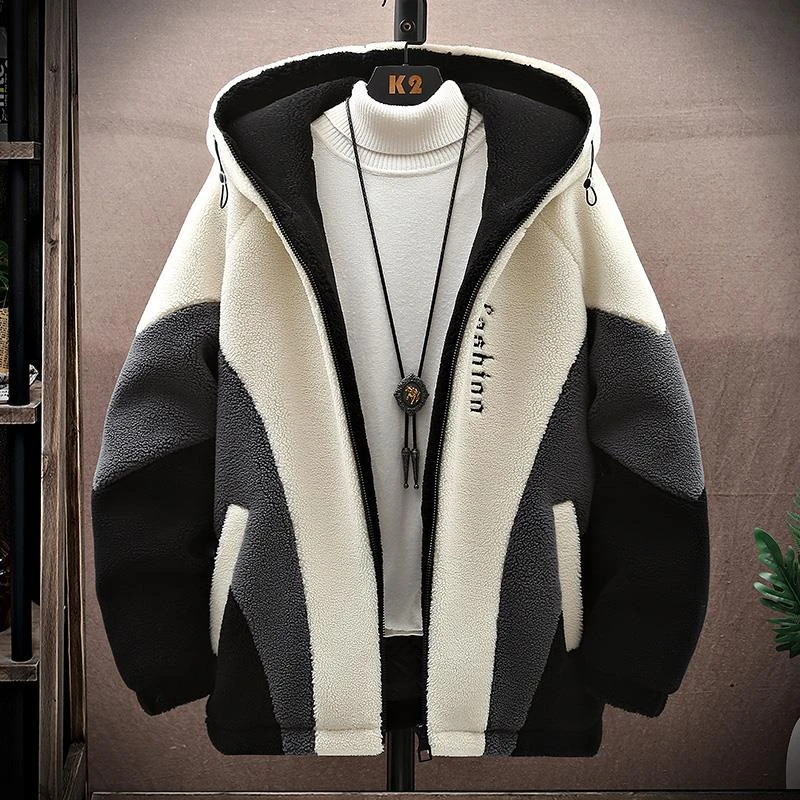 青少年秋冬季羊羔绒加厚外套男宽松潮流连帽棉衣服加绒摇粒绒夹克