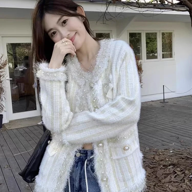 小香风毛衣外套女装秋季2024新款重工流苏珍珠长袖针织上衣