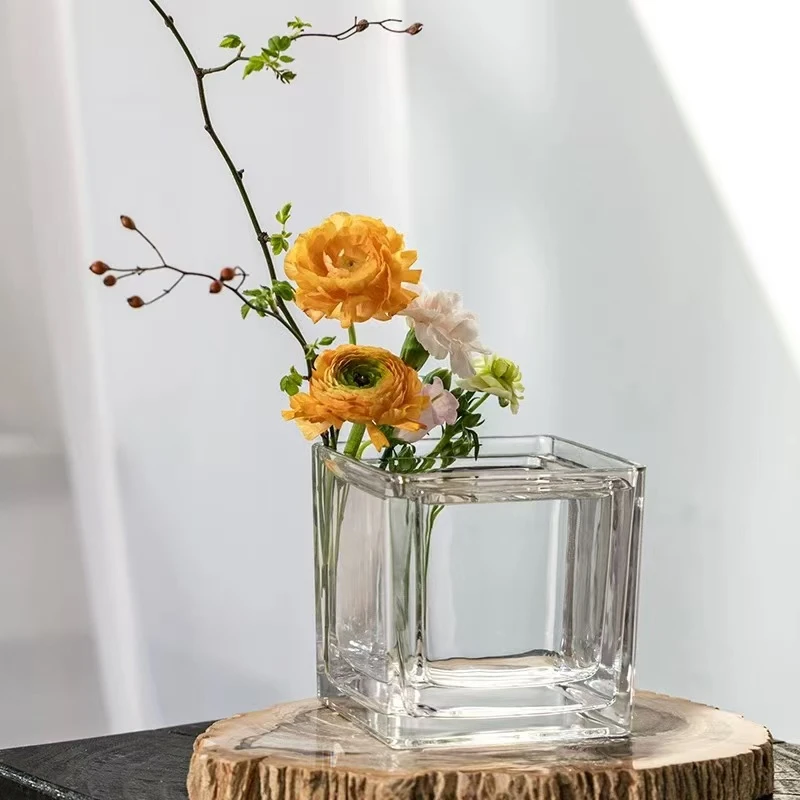 创意水培器皿花瓶摆件透明玻璃缸花盆插花水养鲜花绿萝正方形花器