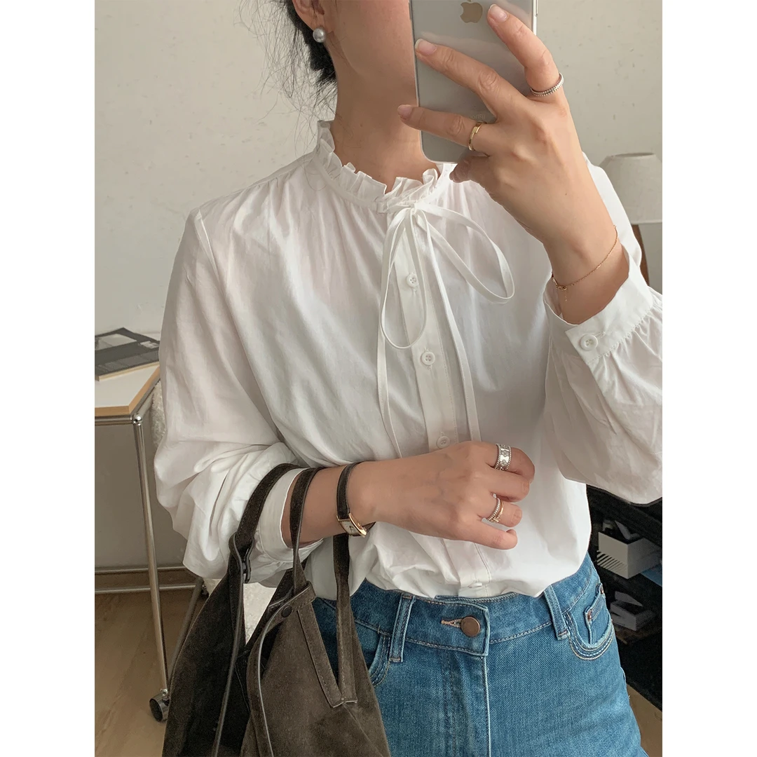 苏安家｜旖旎白月光 木耳边绑带纯棉白衬衫